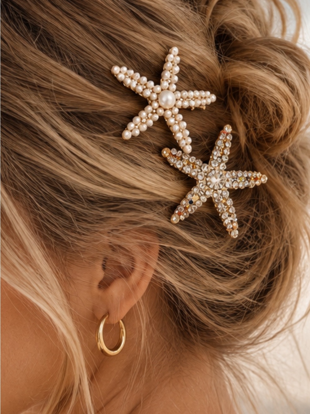 Pearl & Crystal Starfish Hair Clips - Gold Tone